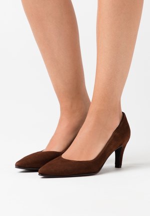 Ruske klokkehæler i semsket skinn med spiss tå og moderat hæl. Glatt tekstur og rene linjer, med et klassisk design.