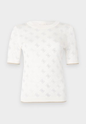 Knitted white short-sleeve top with subtle pattern, featuring a round neckline and gold accent at the hem. texture appears lightweight and breathable.