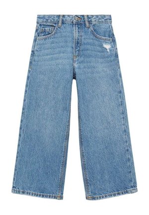 Lichtblauwe wijduitlopende spijkerbroek van denim, met een lichte distressed look, vijf zakken en een knoopsluiting in de taille.