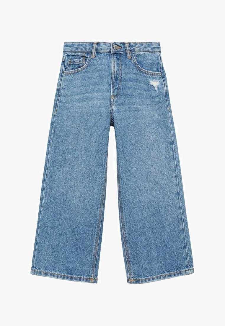 Jeans larges bleu clair en denim, avec un léger effet usé, cinq poches et une fermeture par bouton à la taille.