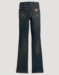 Σκούρες μπλε τζιν bootcut με διακοσμητικές ραφές "W" και διακοσμητικά καρφιά στις πίσω τσέπες και δερμάτινη ετικέτα μάρκας στην δεξιά τσέπη.