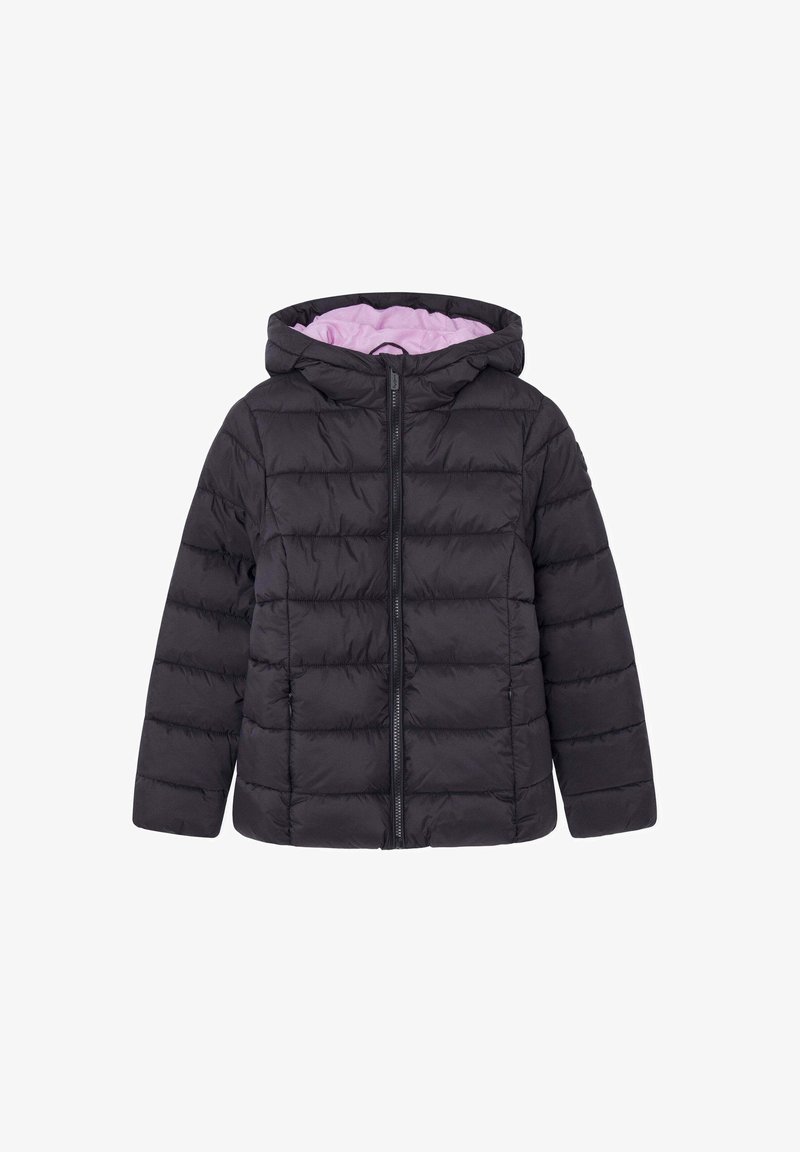 Chaqueta acolchada negra con capucha, con cremallera frontal, diseño acolchado y forro interior rosa. Fabricada con material ligero e aislante.