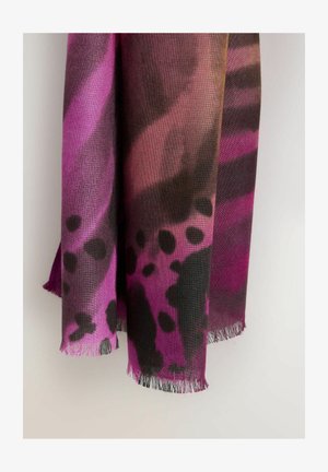 Trükitud sall roosa ja musta toonides. Omaduseks pehme, tekstuuriga kangas täpilise mustriga ja narmastega servad.