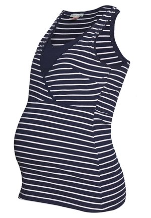 Mouwloze zwangerschaps top in marineblauw en wit gestreept met gelaagd ontwerp en V-hals.