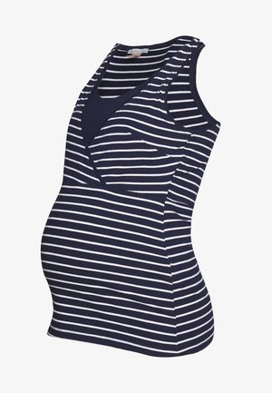 Navy blue and white striped sleeveless maternity top with layered design and V-neck.