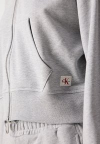 Sudadera gris con cremallera hecha de tejido suave. Cuenta con un bolsillo frontal, puños acanalados y una pequeña etiqueta con un logo en letras rojas en el bolsillo.
