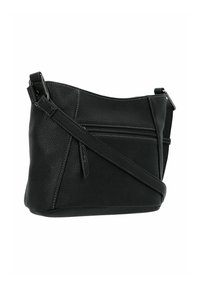Schwarze Leder-Schultertasche mit strukturierter Form, griffiger Textur, verstellbarem Riemen und vorderer Reißverschluss-Tasche. Kontrastierende Nähte.