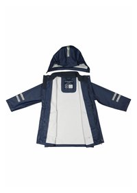 Marine vandtæt regnjakke med hætte, hvid foer, et mærke på ryggen og reflekterende striber på ærmerne. Har forlommer.