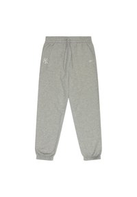 Sivé tepláky vyrobené z mäkkej látky, s elastickým pásom s šnúrkou, elastickými manžetami a vyšitými logovými detailmi.