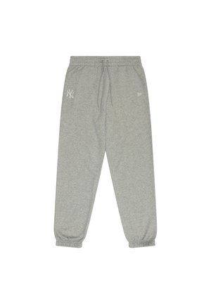 Gray sweatpants made from soft fabric, featuring an elastic waistband with drawstring, elastic cuffs, and embroidered logo accents.