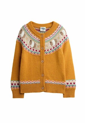 Cardigan pour enfant jaune moutarde avec boutonnage devant, motifs de moutons et fleurs en blanc, rose, vert et beige autour de l'empiècement et des poignets.