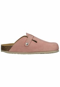 Pink suede slip-on clog featuring a side cutout, adjustable strap with a metal snap, and a cork footbed with a light rubber outsole.