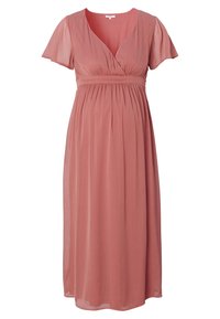 Těhotenské maxi šaty z měkké, lehké růžové látky. Mají véčkový výstřih, krátké volánkové rukávy a nařasený pas pro pohodlí.