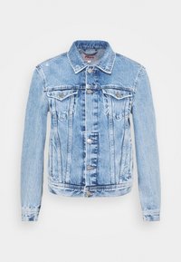 Ljusblå denimjacka med klassisk design, med knäppningar, två framfickor och spetsig krage.