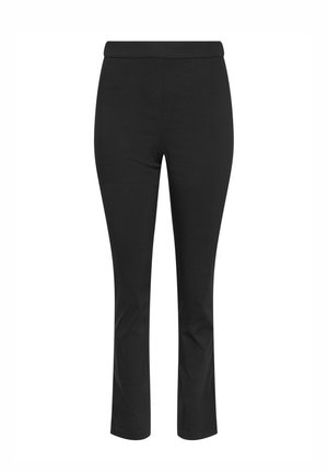 Zwarte slanke broek met een taille op middelhoogte en rechte pijpen, gepresenteerd tegen een witte achtergrond.