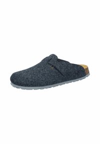 Gray wool felt clogs with a slip-on design, featuring a textured upper, cork footbed, and gray rubber sole. Simple strap detail included.