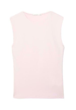 Ärmelloses hellrosa Rundhalstop mit geradem Saum, aus einem glatten, leichten Stoff gefertigt.
