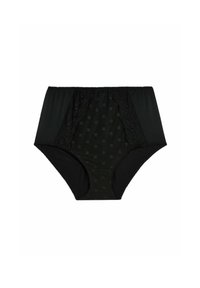 Hooggeknipte zwarte onderbroek met kantaccenten en een met stippen bedekt bloempatroon aan de voorkant. Zachte stofstructuur, elastische tailleband.