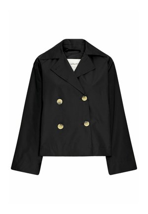 Chaqueta negra de doble botonadura con botones dorados, que cuenta con un cuello clásico y mangas largas, hecha de una tela suave y ligera.