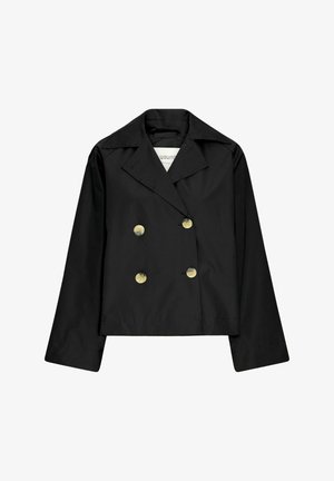 Čierna dvojradová bunda so zlatými gombíkmi, s klasickým golierom a dlhými rukávmi, vyrobená z hladkej, ľahkej textílie.