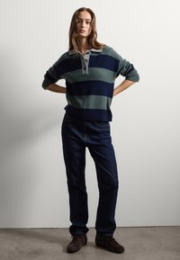 Maglione a strisce verde e blu navy, con colletto grigio e patta con bottoni. Abbinato a jeans blu scuro e scarpe marroni.