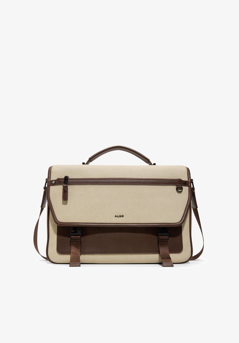 Beige og brun rektangulær messenger-taske med top-håndtag, lynlåslomme foran, to spænderemmer og justerbar skulderrem.