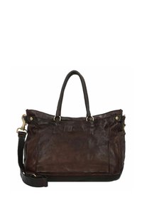 Borsa a mano in pelle marrone con doppi manici e tracolla removibile, caratterizzata da una superficie liscia e accenti di hardware discreti.