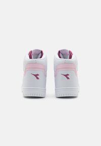 White high-top sneakers with pink accents. Smooth synthetic material, padded collar, and textured sole. Logo visible on the heel.