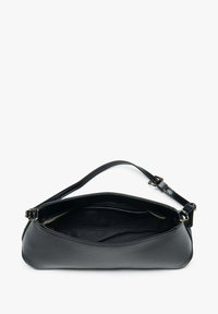 Black leather handbag with a smooth finish, curved shape, and adjustable strap. Open top reveals a soft interior with a zipper pocket.