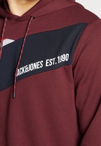 Sudadera granate con detalles en azul marino, que presenta un estampado de logo y cordones con terminales de metal. Textura suave, diseño casual.