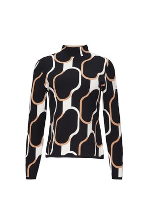 Schwarz-weißer Pullover mit hohem Kragen, der ein abstraktes Muster aus sich überlappenden Formen in Brauntönen und einer glatten Textur aufweist.