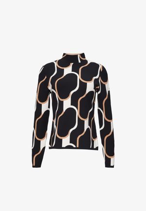 Czarny i biały sweter z wysokim kołnierzem, z abstrakcyjnym wzorem nakładających się kształtów w odcieniach brązu oraz gładką teksturą.