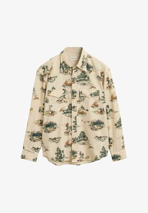 Langarmhemd aus beigem Stoff mit illustrierten Landschaften, Bäumen, Tieren und detaillierten Mustern, zwei Brusttaschen und Knopfverschluss.