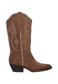 Botas de cowboy de ante marrón con punta puntiaguda, que cuentan con bordados florales y un tacón apilado. Acentuadas con detalles de costura blanca.