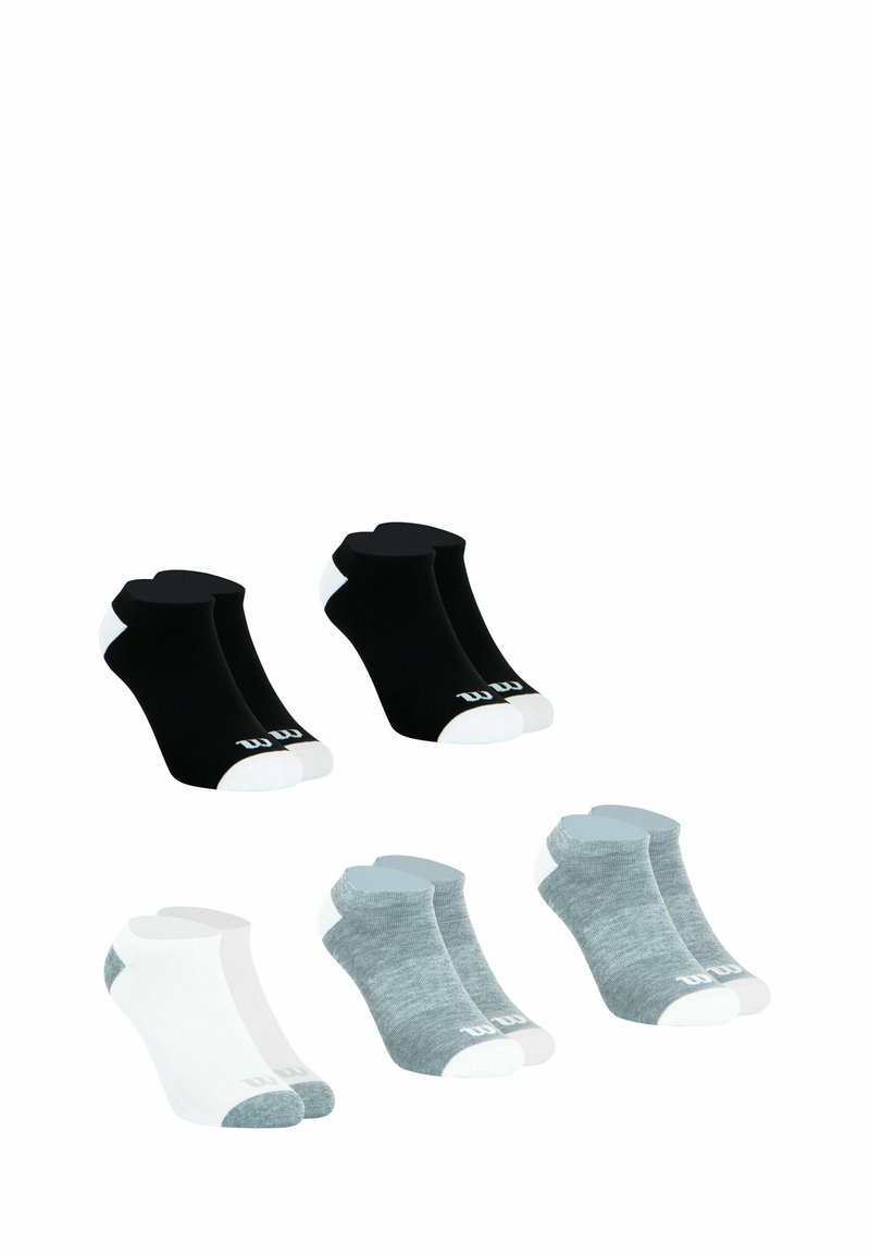 Paquet de six chaussettes de cheville en noir, blanc et gris. Fabriquées à partir d'un tissu doux avec des accents de couleur contrastante au niveau des orteils et du talon. Chaque paire présente un détail de logo.