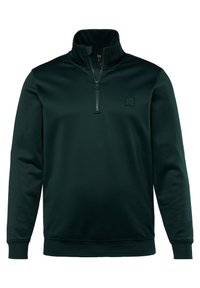 Pullover verde scuro con colletto a zip a quarti, polsini e orlo a costine. Presenta un piccolo logo nella zona sinistra del petto. Tessuto con una texture liscia.