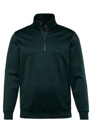 Dunkelgrüner Pullover mit einem Viertelreißverschluss-Kragen, gerippten Manschetten und Saum. Verfügt über ein kleines Logo im Bereich der linken Brust. Glatte Stofftextur.