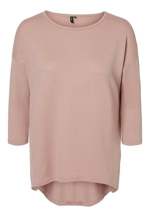 Lichtroze, geribd shirt met lange mouwen, een ontspannen pasvorm, een afgeronde halslijn en een high-low zoom. Zacht stof met een subtiele textuur.