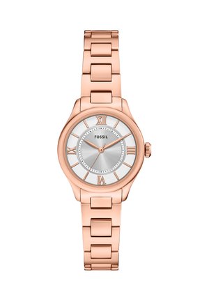 Rose gold metal wristwatch with silver dial, Roman numeral hour markers, three hands, and "Fossil" logo at center.