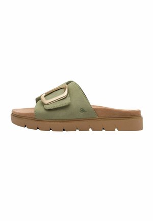 Slip-on sandal with a brown sole, olive green suede strap, and large rectangular gold buckle on the side.
