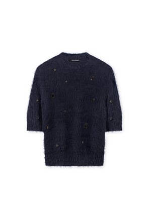 Navy blue fuzzy sweater with half sleeves, featuring decorative black beads and varied shapes, creating a textured appearance.
