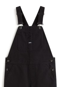 Salopette en denim noir avec poche avant et bretelles réglables, boutons métalliques sur les côtés et petit logo Vans sur la poche poitrine.