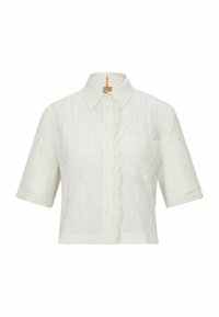 Vit kortärmad skjorta med krage, med ett strukturerat mönster, rynkad knappslå och vänster bröstficka. Tillverkad av lättviktigt material.