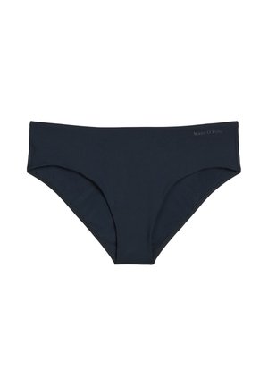 Granatowy dół od bikini o prostym wzorze z małym logo "Marc O'Polo" w górnym prawym rogu.