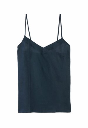 Camiseta de lino azul marino con tirantes finos ajustables, escote en V y un corte relajado, que presenta una textura suave y un diseño minimalista.