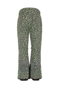 Grüne Leopardenmusterhose mit pinkfarbenen Akzenten, ausgestelltem Schnitt, schwarzem Saumabschluss und zwei großen grauen Symbolen an den unteren Beinen.