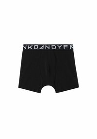 Boxer-briefs noirs avec une large ceinture élastique et une marque blanche. Fabriqués en tissu doux avec une coupe ajustée et un design de jambe courte.