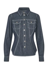 Ciemnoniebieska koszula z długim rękawem, zapinana na guziki, z ostro zakończonym kołnierzykiem, dwiema kieszeniami na piersi i srebrnymi akcentami guzików; białe detale w szwie.