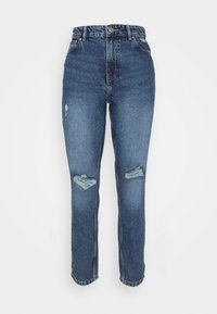 Högmidjade blå denimjeans med slitna detaljer, som har två hål vid knäna och en rak benpassform, avslutade med klassisk sömnad.