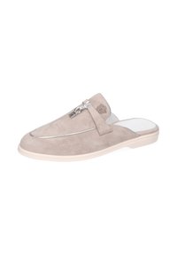 Zapatos beige de ante con diseño slip-on, punta redondeada, cremallera con detalle metálico y suela de goma de color claro. Logo en relieve en el lado superior.